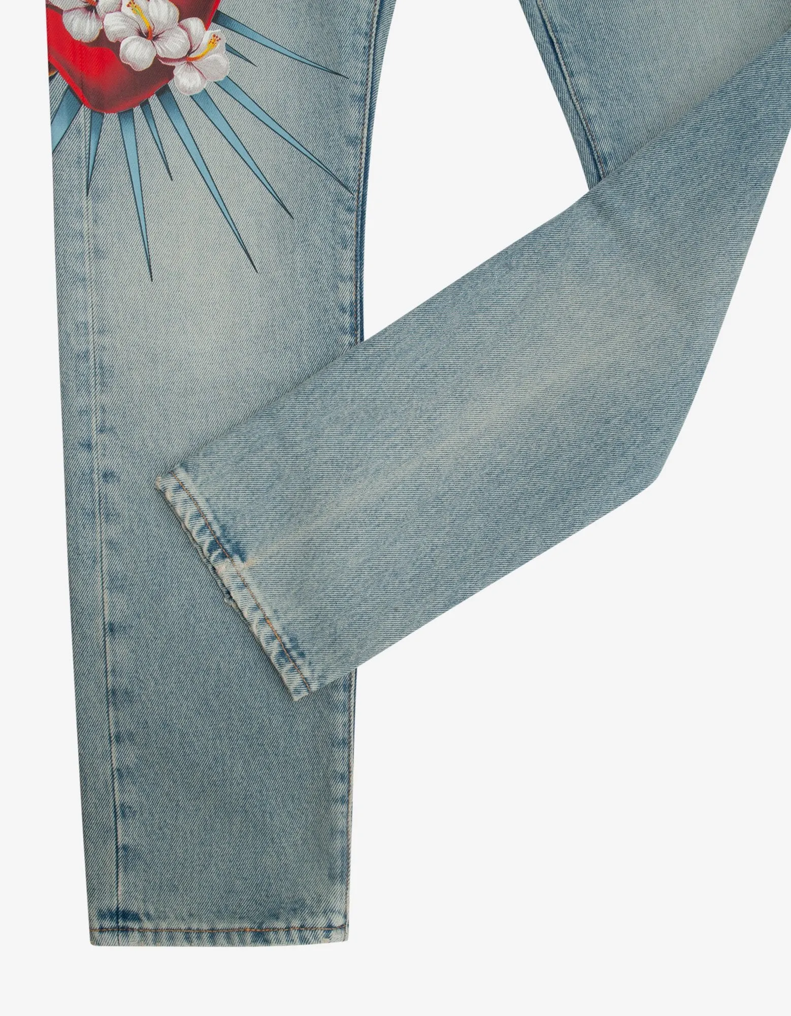 Blue Sacred Heart Print Straight-Leg Jeans