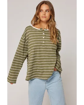 Cartel & Willow Henley Long Sleeve - Khaki Stripe